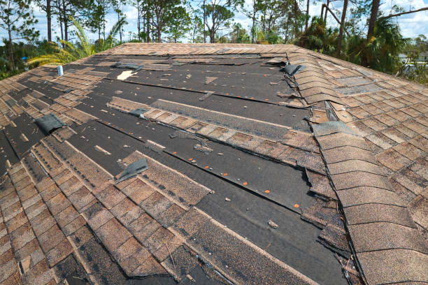 damaged house roof with missing shingles after hurricane ian in florida. consequences of natural disaster - ian stockfoto's en -beelden