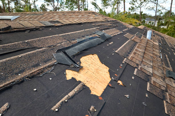damaged house roof with missing shingles after hurricane ian in florida. consequences of natural disaster - hurricane florida stok fotoğraflar ve resimler