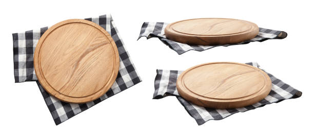 istock Empty wooden pizza board with napkin isolated. Set 1431444308