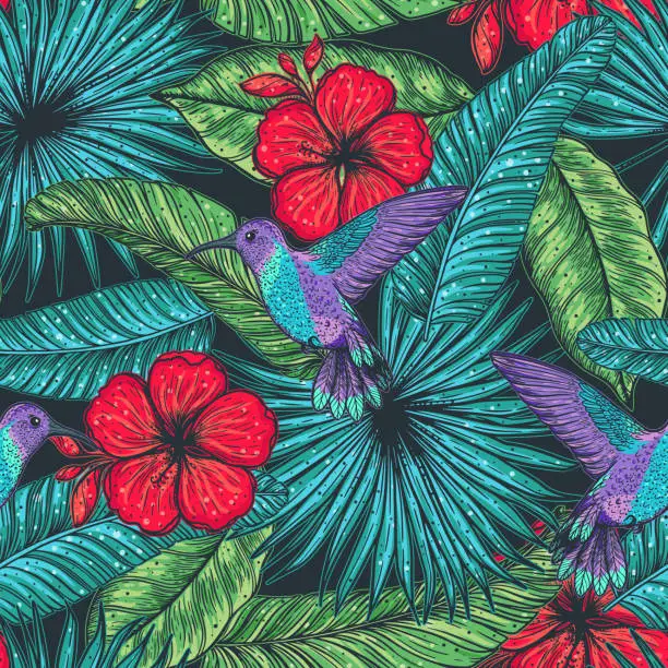 Vector illustration of Tropical seamless pattern. Tropical design template. Hummingbird and palm leaves vector illustration. Summer design.