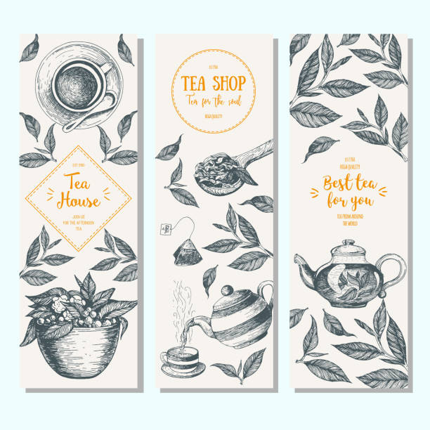 illustrazioni stock, clip art, cartoni animati e icone di tendenza di set di banner per negozi di tè. collezione di banner verticali per il design del tè. grafica lineare. illustrazione vettoriale. - tea
