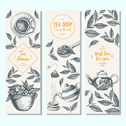 Tea shop banner set. Vertical banner collection for tea design. Linear graphic. Vector illustration.