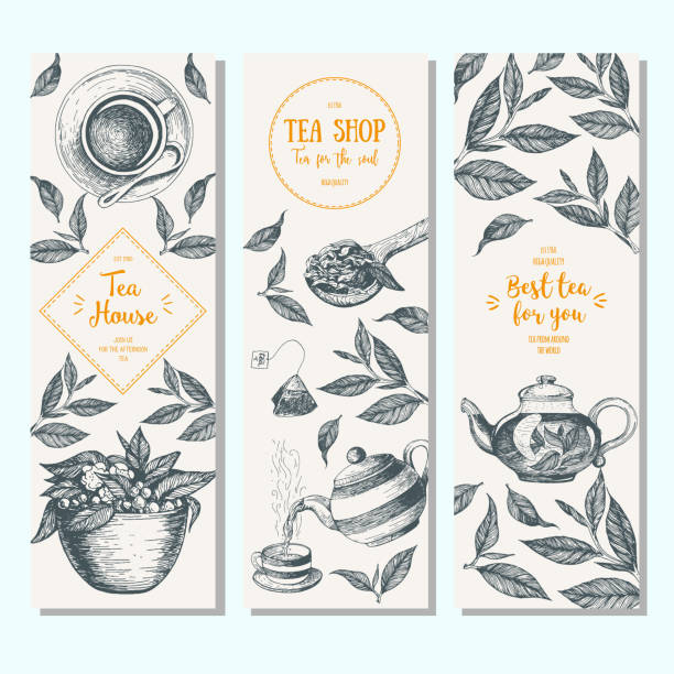 Tea shop banner set. Vertical banner collection for tea design. Linear graphic. Vector illustration. Tea shop banner set. Vertical banner collection for tea design. Linear graphic. Vector illustration. dried tea leaves stock illustrations