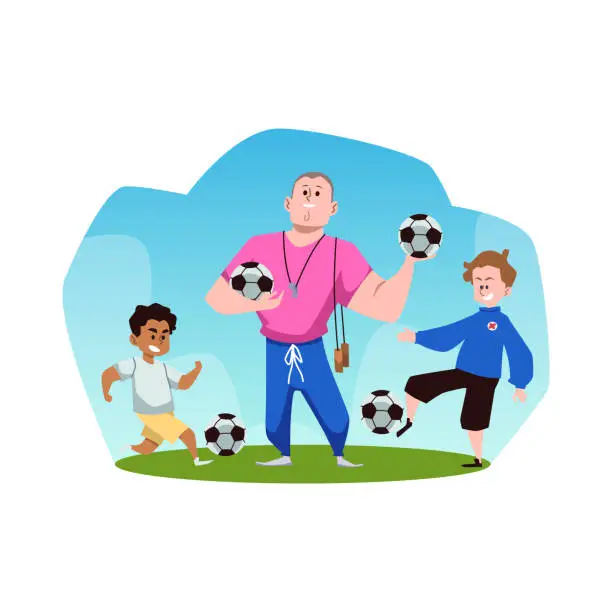 Vector illustration of Coach and kids playing football in PE class, flat vector illustration isolated.