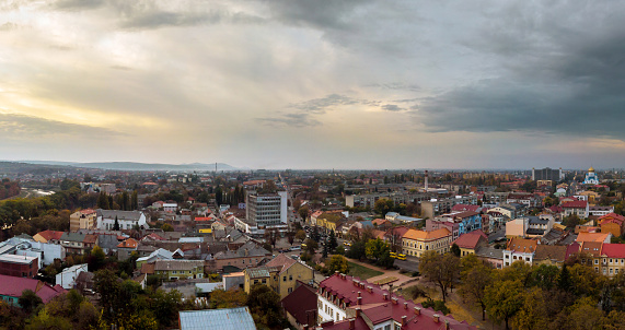 An old part of the European city Uzhgorod in Transcarpathia Ukraine is seen this aerial panoramic view