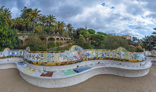 Barcelona: Detail from the Park Güell on Carmel Hill, Barcelona, Catalonia, Spain, architect Antoni Gaudi. Built 1900-1914, officially opened in 1926. UNESCO World Heritage Site.