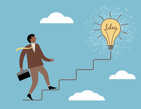 Businessman climbing stairs to a bright idea. Concept: looking for inspiration. Flat color.