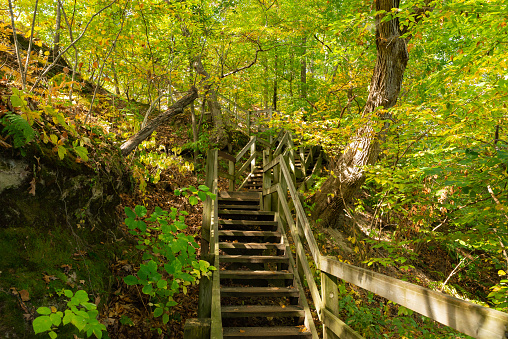 Wooden walkway in Starved Rock State Park on a beautiful Autumn morning. Starved Rock State Park, Illinois, USA.