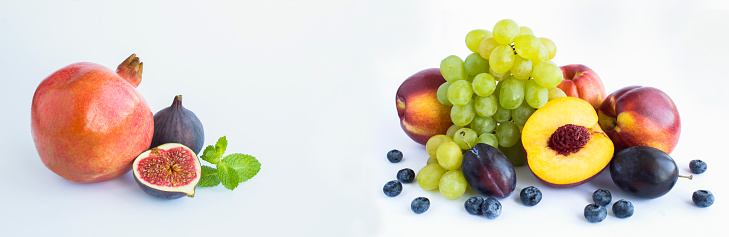Banner. Fruit and berry on the white background. Copy space.