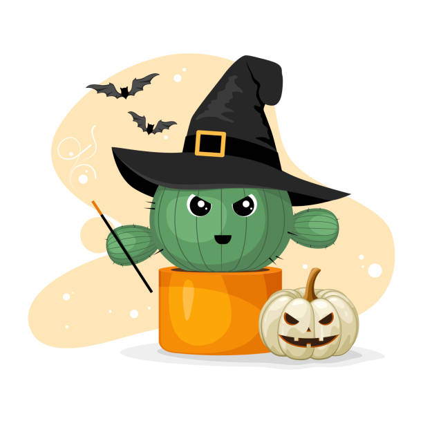 istock Cute colorful cactus in flowerpot with Halloween pumpkin, witch hat and magic stick in flat design 1431453836
