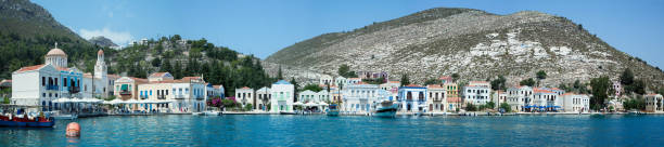 Kastellorizo Island Tourist Town Panorama stock photo