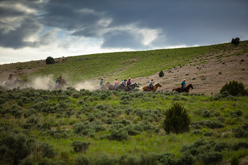 A wide shot of a large group of people riding their horses on lush green fields during a cloudy day.