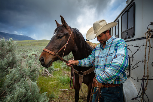 A cowboy wearing a blue checkered shirt and white hat standing with a brown thoroughbred horse.