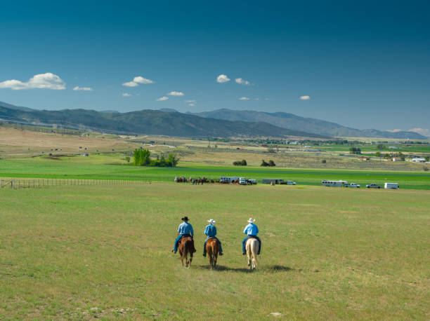 A wide shot of a trio of horseback riders wearing blue shirts riding their horses on a lush green field during the day.