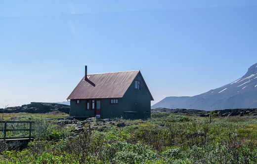 Hiker's hut at the table volcano Herdubreid in the highlands of Iceland.