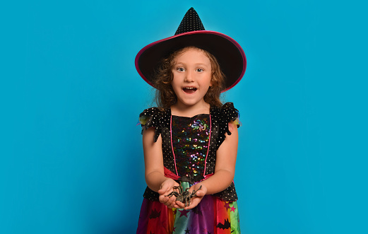 Surprised happy little girl wearing Halloween witch costume holding toy spider and looking at camera on a blue background.\n\nCute amazed child kid in wizard dress costume with open mouth.