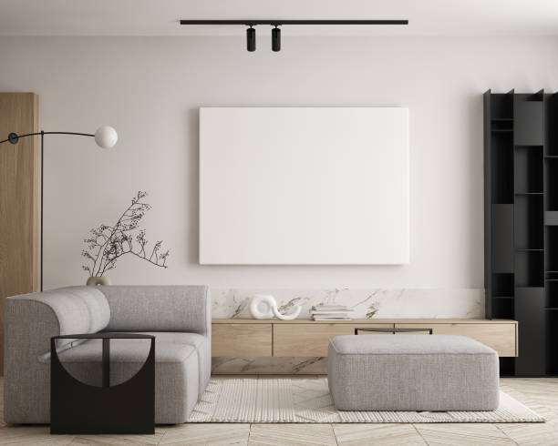 istock mock up poster frame in modern interior background, living room, Scandinavian style, 3D render, 3D illustration 1431460604