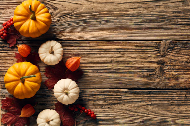 istock Decorative pumpkins with rowan and flowers on wooden table. Autumn, fall composition. Flat lay, top view, copy space. 1431465012