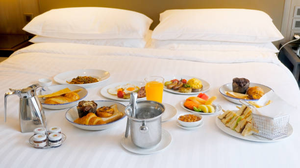istock Breakfast in bed in hotel. Room service in modern luxury resort 1431466003