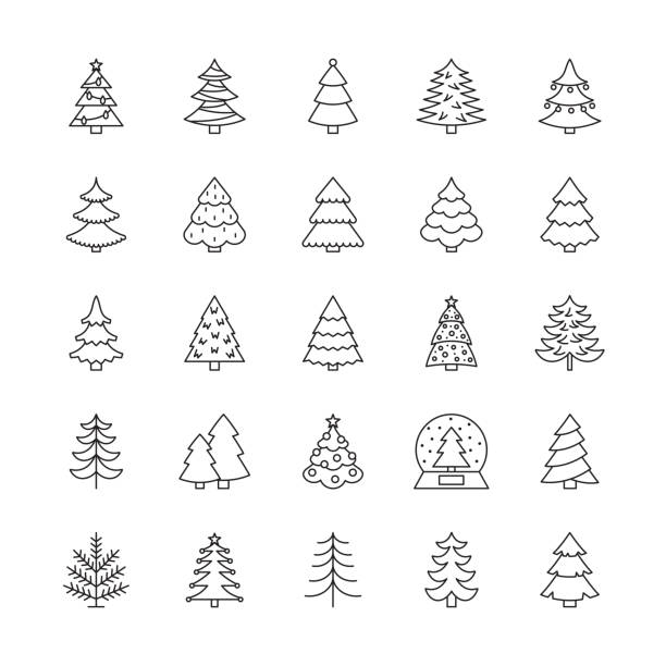 christmas tree line icons. editable stroke. - christmas tree stock illustrations