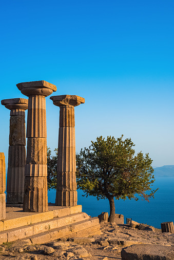 The Temple of Athena ruin in Assos Ancient City. The temple in Assos was built in 530 BC on the highest place of the Acropolis. Canakkale, Turkey.