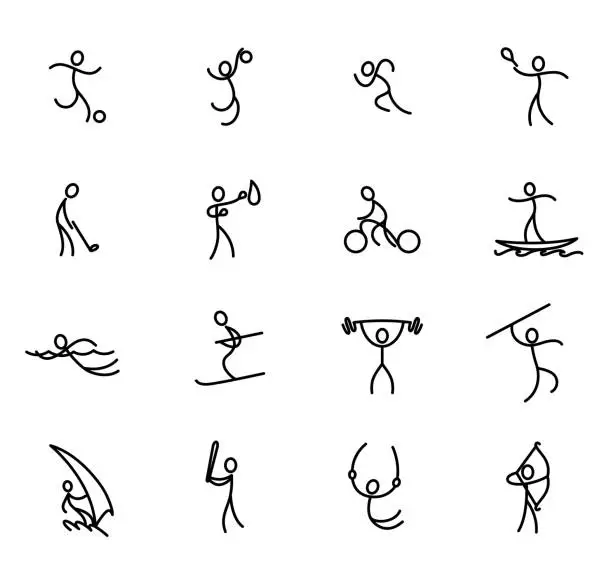 Vector illustration of Sport icons set. Vector outline isolated sports theme signs for web or app. Editable stroke template. Stylized sportsman pictogram, contour doodles people figure