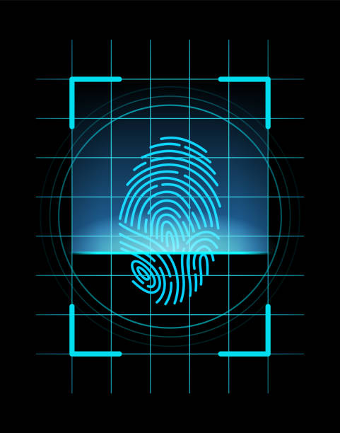 指紋認証。指紋、セキュリティ、または識別システムの概念をスキャンします。未来的な技術。生体認証データ設計。親指線に基づくセキュリティシステム、ベクトルイラストレーション - fingerprint blue human finger fingermark点のイラスト素材／クリップアート素材／マンガ素材／アイコン素材