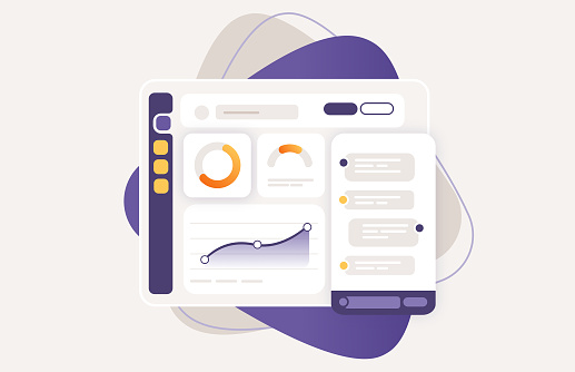 Vector illustration of business reporting dashboard screen concept of data analysis and research presentation with side navigation bar and chat functionality