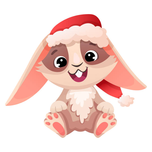 istock Cute little rabbit in a Santa hat. Christmas happy bunny for banner or greeting card. Vector cartoon hand drawn illustration 1431468587