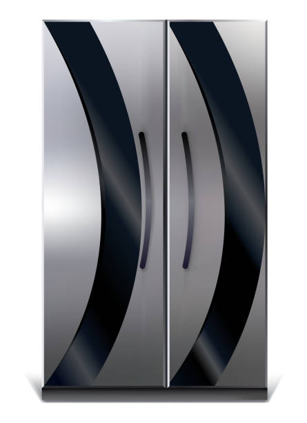 istock Gray vertical fridge for preserve food. Silver refrigerator with two doors. Modern cooler for home, products storage 1431470395