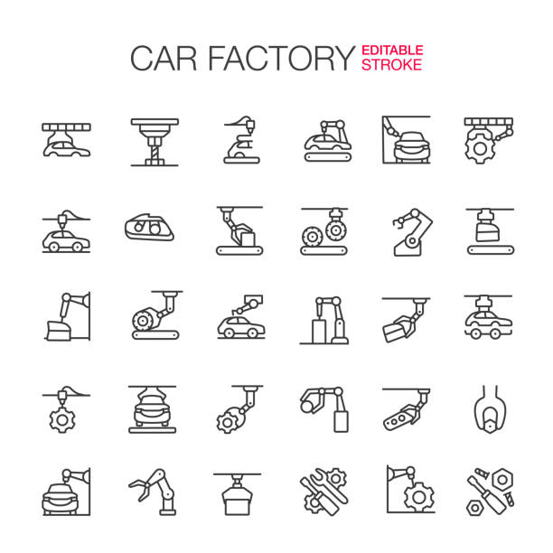 illustrazioni stock, clip art, cartoni animati e icone di tendenza di icone di fabbrica dell'auto imposta tratto modificabile - car industry robot arm car plant