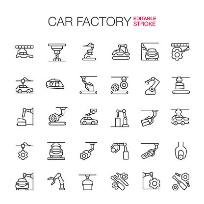 Car Factory, auto production icons set. Editable Stroke. Vector illustration.