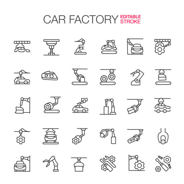 Car Factory icons Set Editable Stroke Car Factory, auto production icons set. Editable Stroke. Vector illustration. car plant stock illustrations