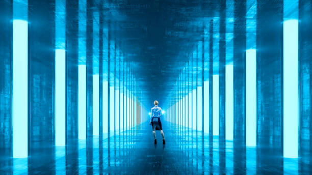 istock Empty futuristic corridor with businesswoman standing 1431471303