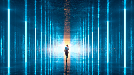 Empty futuristic corridor with woman walking. 3D generated image.