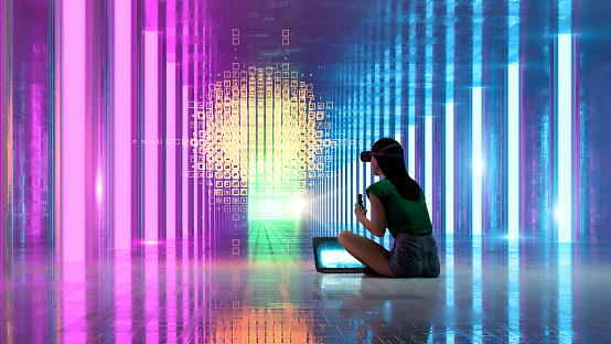 Empty futuristic corridor with young woman using VR equipment. 3D generated image. VR controllers were modeled by contributor and aren't based on any real model.