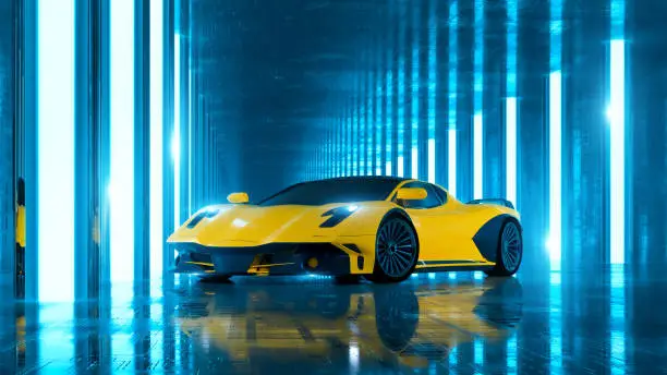 Luxury sports car in futuristic corridor. Vehicle is entirely generic and not based on any real or concept model/brand/type. This is 3D generated image.