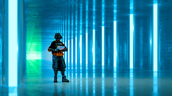 Empty futuristic corridor with cyborg kid using digital tablet. 3D generated image.