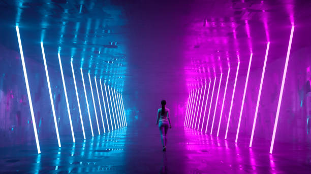 Empty futuristic corridor with woman walking