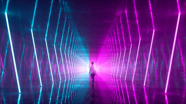 istock Empty futuristic corridor with woman walking 1431472046