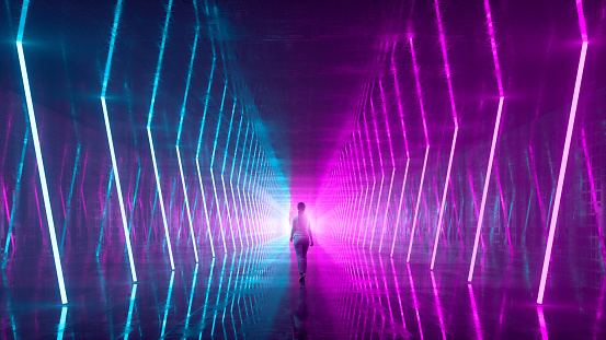 Empty futuristic corridor with woman walking. 3D generated image.