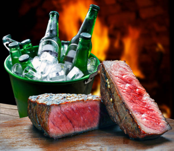 Barbecue with meat steak and beer