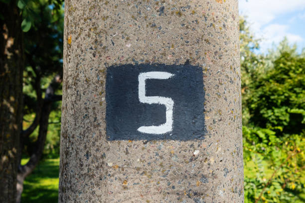 istock The number five stencil on the surface of a concrete pillar. Numeral 5 close-up white text on a black background 1431475120