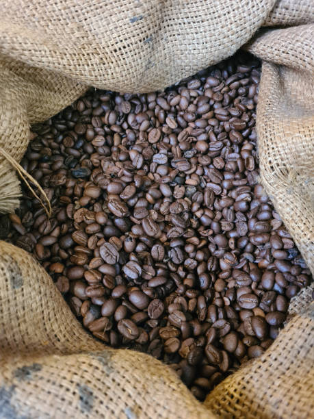 organic coffee  beans in brown bag - sack burlap bag roasted imagens e fotografias de stock