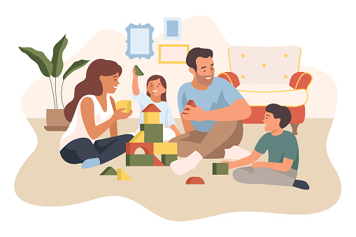 Isolated illustration of mother, father, two children, boy and girl, sitting on the floor, playing constructor, building a house from colorful blocks.