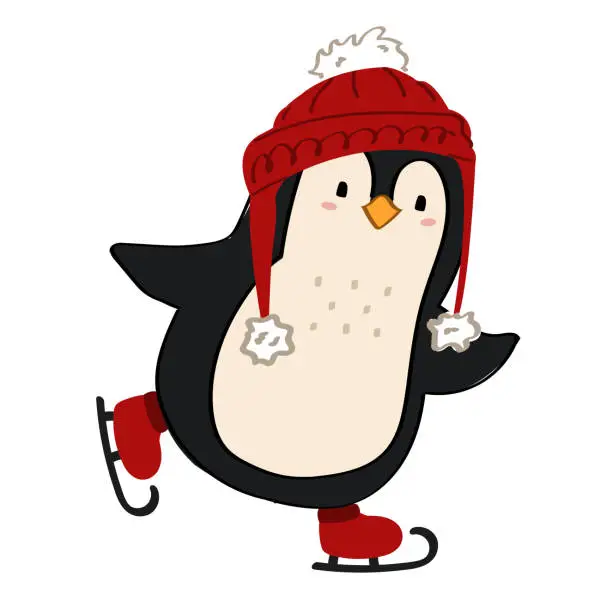 Vector illustration of A cute cartoon style penguin in red hat ice skating.