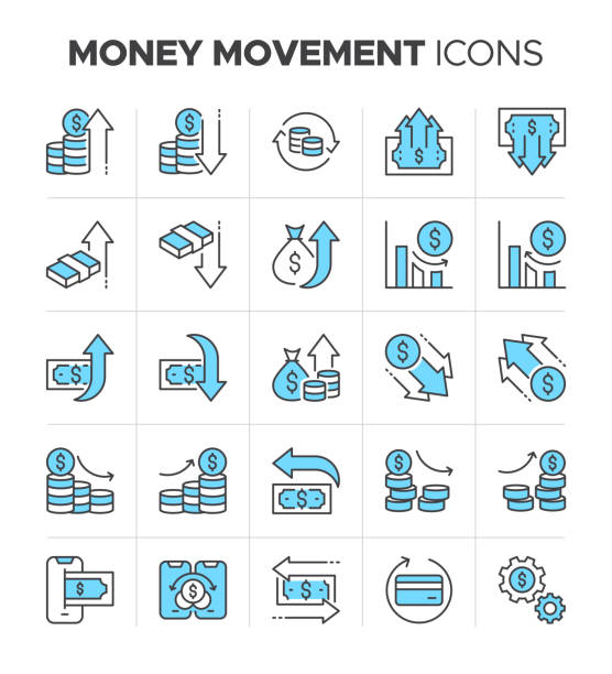 お金の増減アイコンセット。お金の動きと支払い関連のラインアイコン。財務グラフとチャート記号。通貨、お金を節約し、ドル記号ベクトル - moving down dollar decline graph点のイラスト素材／クリップアート素材／マンガ素材／アイコン素材