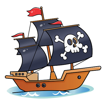 Color image of cartoon pirate ship on a white background. Sailboat with black sails with skull in sea drawing. Isolated element for pirate party for kids. Vector illustration.