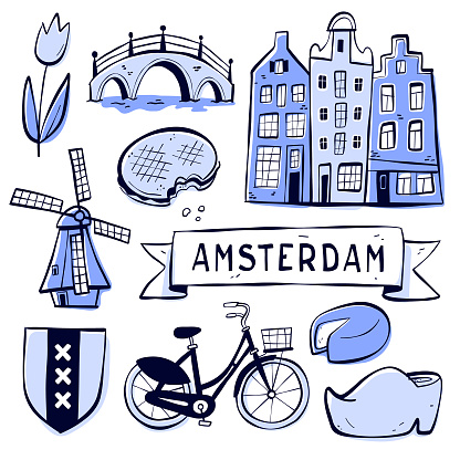 Cartoon style drawings of objects associated with Amsterdam, the Netherlands.
