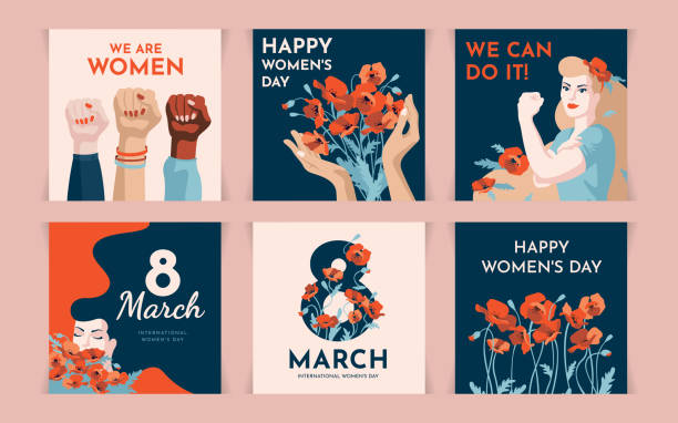 Set of square designs for International Women's Day. Flat illustrations of independent woman, March 8th, and flowers Templates for postcard, banner, flyer with the American symbol of female power, protest feminism, and women's rights. We can do it. international womens day stock illustrations